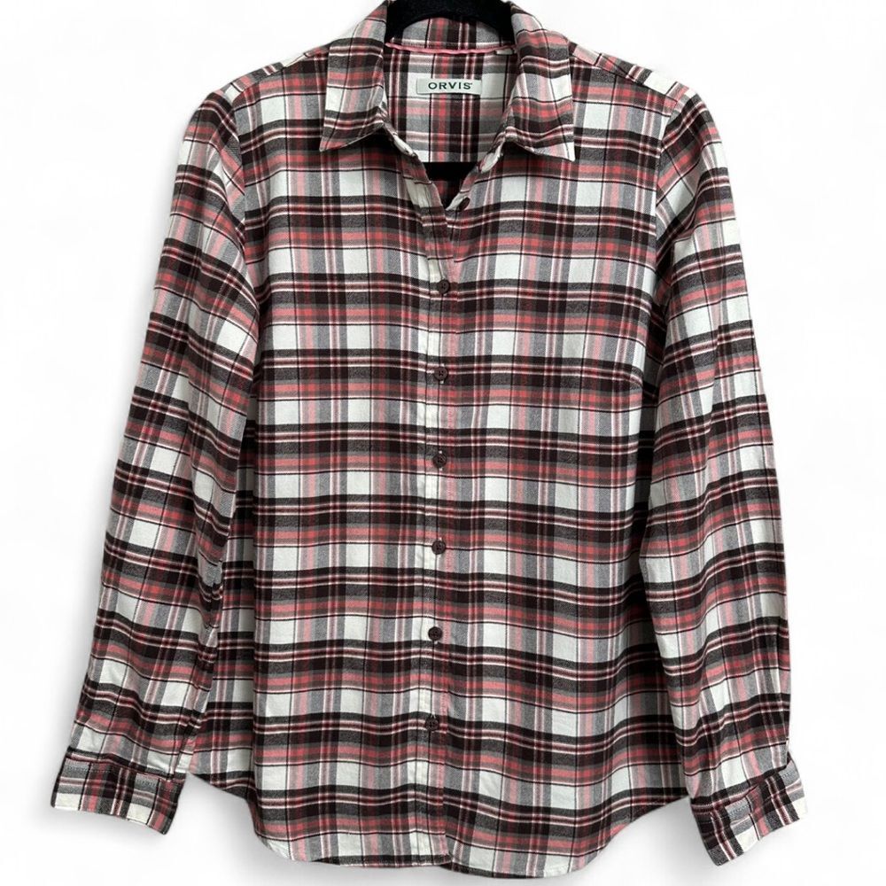 Orvis Perfect Flannel Button Down Plaid Shirt Brown Orange Sz Small Granola Girl